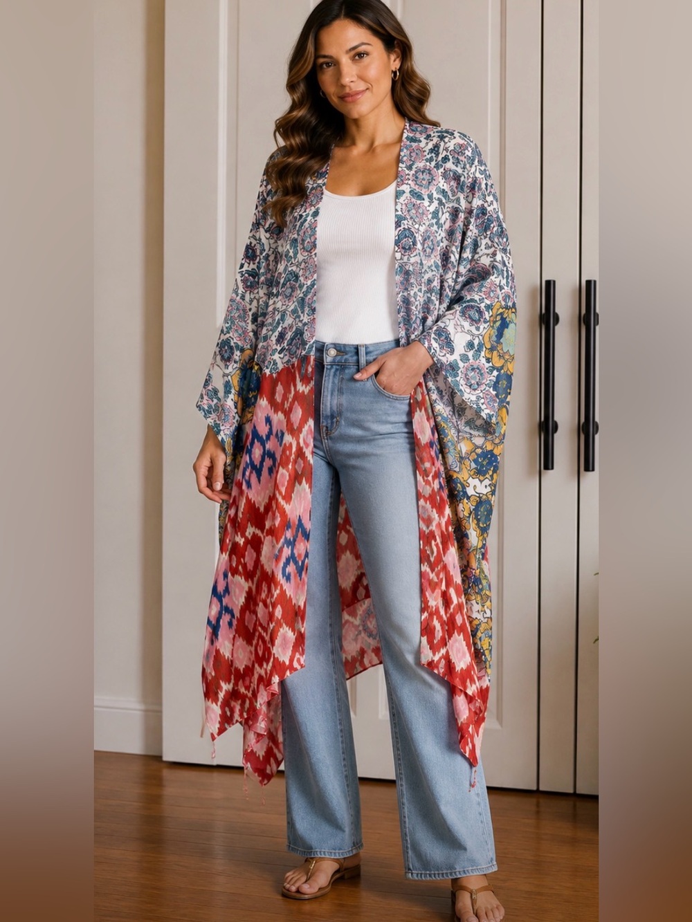Mixed Print Lightweight‎ Kimono - Multicolor one size